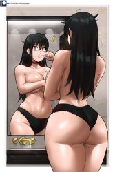 Rule 34 | !, 1girl, absurdres, ass, black hair, black panties, breasts, brushing teeth, choker, collarbone, commentary, covering privates, covering breasts, echo saber, english commentary, faucet, from behind, hair between eyes, highres, holding, holding toothbrush, large breasts, linea alba, long hair, looking at viewer, messy hair, mirror, motion lines, paid reward available, panties, patreon logo, patreon username, red choker, red eyes, reflection, solo, spy x family, thick thighs, thighs, toothbrush, topless, underwear, underwear only, water, watermark, web address, wedgie, wet, wide-eyed, yor briar