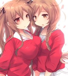 Rule 34 | 2girls, asymmetrical docking, blonde hair, braid, breast press, breasts, brown eyes, cherry blossoms, commentary request, hair between eyes, hair flaps, hair ribbon, heterochromia, highres, hirune (konekonelkk), kantai collection, large breasts, light brown hair, long hair, long sleeves, looking at viewer, medium breasts, minegumo (kancolle), multiple girls, murasame (kancolle), open mouth, petals, red eyes, red shirt, ribbon, shirt, sidelocks, simple background, smile, twin braids, white background