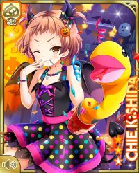 Rule 34 | 1girl, black dress, bracelet, brown hair, can, candy, card, character name, closed eye, closed mouth, costume, decorations, demon tail, demon wings, dress, food, girlfriend (kari), holding, horns, indoors, jack-o&#039;-lantern, jewelry, kishida chie, lollipop, necklace, night, official art, polka dot, qp:flapper, smile, snake, solo, standing, tagme, tail, teeth, toy, twintails, v-shaped eyebrows, wings, yellow eyes