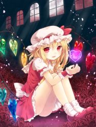 Rule 34 | 1girl, ascot, bad id, bad pixiv id, bare legs, blonde hair, flandre scarlet, flower, full moon, hat, heart, heart wings, mob cap, moon, nunucco, open mouth, red eyes, rose, short hair, side ponytail, sitting, skirt, skirt set, smile, solo, touhou, window, wings, wrist cuffs