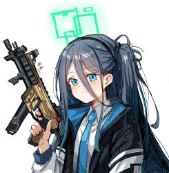 Rule 34 | 1girl, absurdly long hair, apex legends, aris (blue archive), black hair, black hairband, blue archive, blue eyes, blue necktie, blush, chubb, closed mouth, collared shirt, dated, green halo, gun, hairband, halo, highres, holding, holding gun, holding weapon, jacket, long hair, long sleeves, necktie, one side up, open clothes, open jacket, r-99 smg, shirt, signature, simple background, smile, solo, submachine gun, upper body, very long hair, weapon, white background, white jacket, white shirt