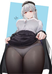 Rule 34 | 1girl, azur lane, baige0, black hat, black pantyhose, black skirt, blue background, blush, breasts, button gap, closed mouth, clothes lift, from below, grey hair, hat, highres, large breasts, long hair, long sleeves, looking at viewer, looking down, panties, panties under pantyhose, pantyhose, red eyes, scylla (azur lane), scylla (femme fatale fresher) (azur lane), shirt, shirt tucked in, side ponytail, simple background, skirt, skirt lift, smile, solo, thighs, underwear, white panties, white shirt