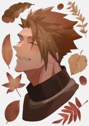 Rule 34 | 1boy, achilles (fate), acorn, armor, autumn leaves, black shirt, brown hair, brown theme, closed eyes, cropped shoulders, fate/apocrypha, fate (series), grin, haruakira, highres, male focus, mature male, shirt, short hair, simple background, smile, solo, white background