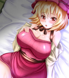 Rule 34 | 1girl, aki minoriko, blonde hair, blush, breasts, cleavage, ebi 193, hat, large breasts, looking at viewer, open mouth, red eyes, ribbed sweater, short hair, solo, sweater, touhou