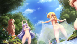 Rule 34 | 5girls, ^ ^, ahoge, arms up, ass, atlus, back, blonde hair, blue sky, blush, braid, braided ponytail, breasts, breasts apart, character request, closed eyes, cloud, colored pubic hair, covering privates, covering breasts, day, dutch angle, elf, etrian odyssey, faceless, female pubic hair, flower, from below, grass, green hair, hair flaps, hair ribbon, highres, holding, ichina (osabakitina), interlocked fingers, lake, large breasts, legs apart, light purple hair, long hair, long pointy ears, looking back, multiple girls, nature, nipples, nude, original, out of frame, outdoors, outstretched arms, own hands together, partially submerged, pointy ears, pubic hair, pussy, red flower, red rose, ribbon, rose, see-through, sega, single braid, sky, smile, spread arms, standing, stretching, tree, uncensored, very long hair, wading, water, wet, yellow eyes