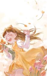 Rule 34 | 1girl, :d, bouquet, bow, child, closed eyes, dated, devotion, dress, du meishin, flower, hair bow, hand up, highres, jingyiyeshan, long hair, long sleeves, open mouth, petals, shirt, simple background, sleeveless, sleeveless dress, smile, solo, standing, white background, white shirt, wind, yellow bow, yellow dress