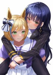 Rule 34 | 2girls, absurdres, animal ears, ass, black jacket, black pants, blonde hair, blue hair, blush, bow, carrying, chakuma (yiyh1468), closed mouth, collared shirt, earrings, formal, green eyes, hair bow, highres, horse ears, jacket, jewelry, kashimoto riko, little cocon (umamusume), long hair, long sleeves, looking at another, multicolored hair, multiple girls, open mouth, pants, piggyback, pleated skirt, purple shirt, sailor collar, school uniform, shirt, short sleeves, sidelocks, simple background, skirt, smile, streaked hair, striped, striped bow, suit, teeth, tracen school uniform, umamusume, upper body, white background, white shirt, white skirt