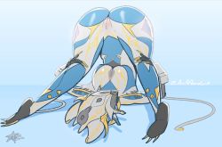 Rule 34 | 1girl, absurdres, alternate costume, arcafterdark, ass, breasts, cable, claws, colored skin, highres, holding legs, legs behind head, lying, midriff, multicolored skin, on back, presenting, pussy, signature, simple background, solo, spread legs, upside-down, valkyr (warframe), warframe