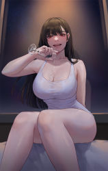 Rule 34 | 1girl, bare legs, bare shoulders, black hair, blunt bangs, breasts, cleavage, cocoro moto, cup, drinking glass, female focus, highres, hime cut, large breasts, lips, looking at viewer, night, open mouth, pouring, pouring onto self, red eyes, see-through, sitting, smile, solo, tank top, thick thighs, thighs, wet, window, wine glass