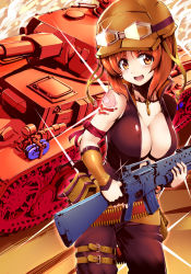 Rule 34 | 10s, 1girl, anglerfish, assault rifle, bare shoulders, breasts, brown eyes, brown hair, bullet, bullet necklace, cleavage, emblem, fish, girls und panzer, goggles, goggles on head, gun, helmet, highres, large breasts, long hair, looking at viewer, m16, m16a4, military, military vehicle, motor vehicle, nishizumi miho, panzer iv, panzer iv, rifle, smile, solo, tank, tokyo (great akuta), weapon