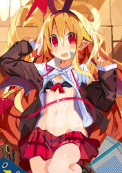 Rule 34 | 1girl, bat wings, blonde hair, blouse, bra, collared shirt, commentary request, demon tail, demon wings, disgaea, earrings, fang, flonne, flonne (fallen angel), floor, hair between eyes, hairband, heart, heart earrings, highres, jewelry, lace, lace-trimmed bra, lace trim, long hair, looking at viewer, makai senki disgaea, miyakawa106, neck ribbon, no panties, notebook, open clothes, open mouth, pen, pointy ears, prinny, red eyes, ribbon, school uniform, shirt, skirt, solo, sweat, tail, underwear, very long hair, white shirt, wings
