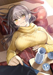 Rule 34 | 1boy, 1girl, blonde hair, blush, breasts, choko (cup), closed mouth, clothes grab, couple, cup, hand on own stomach, jewelry, kotatsu, large breasts, long hair, looking at viewer, lying, on back, original, pillow, pov, ring, silver hair, sleeve grab, smile, solo focus, sweater, table, tan (tangent), tokkuri, turtleneck, turtleneck sweater, under kotatsu, under table, wedding band, wooden floor, yellow sweater