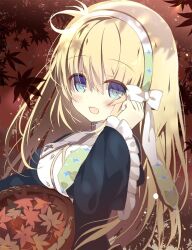 Rule 34 | 1girl, :d, artist request, autumn, autumn leaves, basket, black dress, blonde hair, blush, breasts, brown background, commentary request, dappled sunlight, dress, eyes visible through hair, frilled sleeves, frills, hair between eyes, hairband, hand up, harmonia (key), highres, holding, holding basket, juliet sleeves, large breasts, leaf, long hair, long sleeves, maple leaf, nun, open mouth, outdoors, puffy sleeves, second-party source, shiona (harmonia), simple background, smile, solo, sunlight, upper body, very long hair, white hairband, wide sleeves