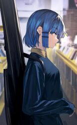 Rule 34 | 1girl, blue hair, blue jacket, bocchi the rock!, closed mouth, collared shirt, commentary, hair ornament, hairclip, highres, instrument case, jacket, jiitaku, looking at viewer, mole, mole under eye, outdoors, shirt, short hair, sleeves past wrists, solo, standing, yamada ryo, yellow eyes