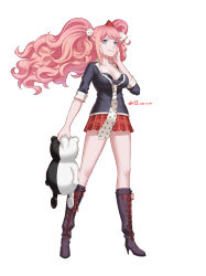 Rule 34 | 1girl, alternate hair ornament, black footwear, blue eyes, boots, bow, breasts, cleavage, collarbone, commentary request, cross-laced footwear, danganronpa: trigger happy havoc, danganronpa (series), enoshima junko, hair bow, hair ornament, high heel boots, high heels, highres, lace-up boots, long hair, looking at viewer, monokuma, nail polish, necktie, pink hair, pleated skirt, rabbit hair ornament, red bow, red skirt, school uniform, shui qian he kafei, simple background, skirt, sleeves rolled up, smile, solo, twintails, two-tone bow, white background, white bow