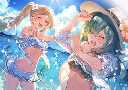 Rule 34 | 2girls, arms up, bikini, blonde hair, blush, choker, closed eyes, cloud, collarbone, doushite, flower, frilled bikini, frills, granblue fantasy, green hair, hair over one eye, hat, hat flower, highres, io (granblue fantasy), io (summer) (granblue fantasy), kolulu (granblue fantasy), long hair, multicolored hair, multiple girls, navel, open mouth, outstretched arms, revision, smile, sparkle, standing, sunlight, swimsuit, tan, teeth, tongue, twintails, wading, water