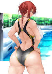 Rule 34 | 1girl, alternate costume, ass, azur lane, back, bare shoulders, breasts, competition swimsuit, cowboy shot, facing away, from behind, gluteal fold, hair bun, hands on own hips, highres, large breasts, legs apart, letterboxed, monarch (azur lane), one-piece swimsuit, oriue wato, pool, purple eyes, red hair, single hair bun, solo, standing, swimsuit, water, wet