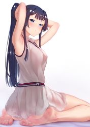 Rule 34 | 1girl, barefoot, blue eyes, blue hair, blush, feet, highres, idolmaster, idolmaster million live!, in mouth, long hair, looking at viewer, mogami shizuka, parted lips, ponytail, soles, sportswear, steam, tennis uniform, toes