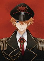 Rule 34 | 1boy, aiguillette, alternate costume, artist name, black hat, black jacket, blue eyes, blush, closed mouth, collared shirt, commentary request, crossed bangs, earrings, epaulettes, expressionless, eyelashes, genshin impact, gold trim, hair between eyes, hair over one eye, hat, highres, jacket, jewelry, lapels, looking at viewer, male focus, military, military uniform, naval uniform, necktie, one eye covered, orange hair, peaked cap, red background, red necktie, shirt, short hair, single earring, solo, tartaglia (genshin impact), twitter username, uniform, upper body, vanquish bai, white shirt, wing collar