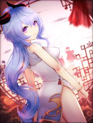 Rule 34 | 1girl, absurdres, ahoge, bare arms, bare legs, blue hair, breasts, china dress, chinese clothes, dress, from behind, ganyu (genshin impact), genshin impact, highres, horns, long hair, looking at viewer, looking back, low ponytail, medium breasts, multicolored eyes, purple eyes, reizouko, sidelocks, smile, solo, standing, thighs, white dress