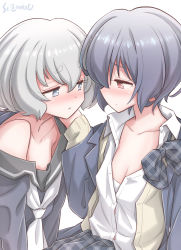 Rule 34 | 2girls, arm up, bare shoulders, black dress, black hair, black jacket, black skirt, blazer, blue eyes, blush, bra, breasts, cardigan, cleavage, commentary request, dress, eye contact, face-to-face, hand on another&#039;s cheek, hand on another&#039;s face, highres, jacket, konno junko, long hair, looking at another, mizuno ai, multiple girls, off shoulder, open jacket, open cardigan, open clothes, open jacket, open shirt, plaid, plaid skirt, red eyes, sailor collar, sailor dress, school uniform, shirt, short hair, silver hair, skirt, small breasts, studiozombie, unbuttoned, underwear, upper body, white bra, white shirt, yellow cardigan, yuri, zombie land saga