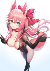 Rule 34 | 1girl, animal ears, black bodysuit, black choker, black gloves, blue background, blush, bodysuit, bow, breasts, brown eyes, choker, cleavage, collarbone, commentary request, elbow gloves, fate/grand order, fate (series), floating hair, fox ears, fox girl, fox tail, glasses, gloves, gradient background, grey-framed eyewear, hair between eyes, hair bow, highres, holding, index finger raised, koyanskaya (assassin) (first ascension) (fate), koyanskaya (fate), large breasts, long hair, looking at viewer, parted lips, pink hair, red bow, ririko (zhuoyandesailaer), smile, solo, standing, tail, tamamo (fate), very long hair, white background