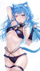 Rule 34 | 1girl, absurdres, animal ear fluff, animal ears, arm behind head, arm up, bikini, black bikini, blue eyes, blue hair, blue nails, breasts, cat ears, cat tail, closed mouth, highres, hololive, hoshimachi suisei, long hair, looking at viewer, navel, one eye closed, simple background, small breasts, solo, stomach, swimsuit, tail, thigh strap, very long hair, virtual youtuber, wavy hair, white background, yu lei
