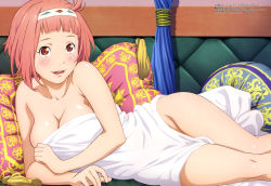 Rule 34 | 10s, 1girl, absurdres, ahoge, artist request, bed sheet, blunt bangs, breasts, cleavage, couch, hairband, highres, indoors, large breasts, legs together, lips, looking at viewer, lying, megami magazine, naked sheet, naked towel, nina dragnot, official art, on side, open mouth, scan, shingeki no bahamut, shingeki no bahamut: virgin soul, shiny skin, short hair, smile, thighs, towel