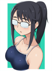 Rule 34 | 1girl, bare shoulders, black hair, breasts, collarbone, commentary request, glasses, hashi, houkago teibou nisshi, medium breasts, oono makoto, opaque glasses, open mouth, ponytail, school swimsuit, simple background, solo, swept bangs, swimsuit, upper body
