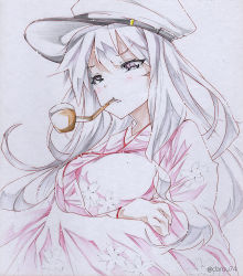 Rule 34 | 1girl, alternate costume, blush, breasts, darou74, scar on face, flat cap, floral print, gangut (kancolle), grey eyes, grey hair, hair between eyes, hat, highres, japanese clothes, kantai collection, kimono, large breasts, long hair, military hat, peaked cap, pink kimono, smoking pipe, pipe in mouth, scar, scar on cheek, scar on face