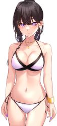 Rule 34 | 1girl, absurdres, bare arms, bare shoulders, bikini, black hair, bracelet, breasts, cleavage, collarbone, cowboy shot, earrings, halterneck, highres, ichiki 1, jewelry, long hair, looking at viewer, medium breasts, mole, mole on thigh, mole under eye, nail polish, navel, necklace, original, parted lips, ponytail, purple eyes, purple nails, side-tie bikini bottom, simple background, solo, standing, stomach, string bikini, swimsuit, thighs, white background, white bikini