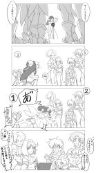 Rule 34 | 4koma, 6+girls, arms behind back, ass, boots, bow, braid, breasts, camera, closed eyes, comic, constricted pupils, fingerless gloves, glasses, gloves, hair bow, hair ribbon, hairband, happy, headband, height difference, highres, iris chateaubriand, japanese clothes, japanese text, kanzaki sumire, kirishima kanna, large breasts, legs, looking at viewer, maria tachibana, medium breasts, monochrome, multiple girls, open mouth, ponytail, ri kouran, ribbon, sakura taisen, sega, shinguuji sakura, short hair, small breasts, smile, smug, solo, surprised, thighs, translation request, tripping, twin braids, uniform
