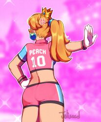 1girl anger_vein back blonde_hair earrings facial_hair hand_on_own_hip highres jewelry joliseed mario_(series) mario_strikers_(series) nintendo official_alternate_costume pink_background ponytail princess_peach short_sleeves shorts simple_background soccer_uniform sportswear striker_peach super_mario_strikers