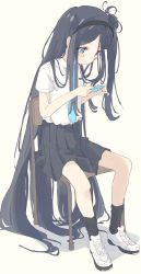 Rule 34 | absurdres, aris (blue archive), blue archive, blue eyes, blue hair, blush, chair, dark blue hair, fkurou p, full body, game console, headband, highres, long hair, necktie, no jacket, playing games, school uniform, shoes, simple background, sitting, solo, very long hair, white background