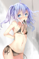 Rule 34 | 1girl, arms behind back, bare arms, bare shoulders, bikini, bikini in mouth, black bikini, blue eyes, blue hair, blush, breasts, clothes in mouth, collarbone, colored eyelashes, commentary request, contrapposto, gochuumon wa usagi desu ka?, groin, hair between eyes, hair ornament, highres, kafuu chino, long hair, looking at viewer, natuna natu, navel, side-tie bikini bottom, small breasts, solo, standing, swimsuit, twintails, x hair ornament