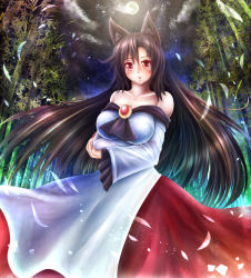 Rule 34 | 1girl, animal ears, bamboo, bamboo forest, bare shoulders, blush, breast hold, breasts, brown hair, cleavage, collarbone, dress, forest, imaizumi kagerou, jewelry, large breasts, long hair, looking at viewer, nature, night, no headwear, open mouth, red eyes, satoji (ochanomkmskry), solo, touhou, wolf ears