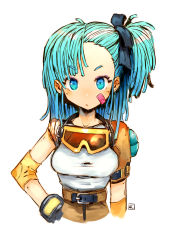Rule 34 | 1girl, andrewcockroach, bandaid, bandaid on cheek, bandaid on face, black bow, blue eyes, blue hair, blush, bow, brown-tinted eyewear, brown pants, bulma, closed mouth, dragon ball, dragon ball (classic), unworn eyewear, gloves, goggles, goggles around neck, grey gloves, hair bow, hand on own hip, high-waist pants, highres, looking at viewer, medium hair, one side up, pants, signature, simple background, solo, tinted eyewear, upper body, white background