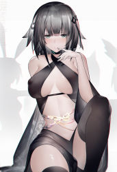 Rule 34 | 1girl, absurdres, alternate costume, arknights, bare shoulders, black thighhighs, breasts, chinese commentary, commentary request, feather hair, grey eyes, grey hair, greythroat (arknights), hand up, highres, large breasts, looking at viewer, navel, parted lips, short hair, stomach, thighhighs, thighs, yushe quetzalli