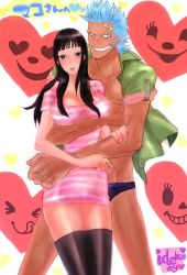 Rule 34 | 1boy, 1girl, artist request, bandaid, black hair, black male swimwear, black swim briefs, black thighhighs, blue hair, blunt bangs, blush, breasts, cleavage, collarbone, couple, dress, franky (one piece), grin, heart, heart background, hetero, hug, large breasts, long hair, looking at viewer, male swimwear, nico robin, one piece, open mouth, shirt, short dress, short sleeves, smile, source request, spiked hair, striped clothes, striped dress, swim briefs, swimsuit, teeth, thighhighs