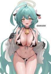 Rule 34 | 1girl, ahoge, alternate costume, animal ears, animal print, bell, bikini, black gloves, blue archive, breasts, cleavage, cow ears, cow print, cow print bikini, cowbell, fake animal ears, gloves, green hair, highres, large breasts, long hair, looking at viewer, navel, neck bell, open mouth, print bikini, side-tie bikini bottom, simple background, smile, solo, standing, swimsuit, thighs, twitter username, very long hair, white background, xanax025, yellow eyes, yume (blue archive)