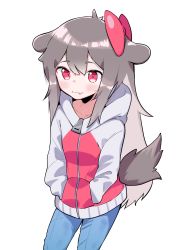 Rule 34 | 1girl, :3, animal ears, black hair, blue pants, bow, closed mouth, commentary request, dog ears, dog girl, dog tail, fang, fang out, grey hair, hair between eyes, hair bow, hands in pockets, highres, hood, hood down, hooded jacket, jacket, korean commentary, long hair, long sleeves, looking at viewer, multicolored hair, original, pants, red bow, red eyes, red jacket, sidelocks, simple background, solo, tail, tosyeo, two-tone hair, very long hair, white background