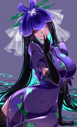 Rule 34 | 1girl, absurdres, black gloves, black hair, breasts, china dress, chinese clothes, closed mouth, dress, elbow gloves, flower, food print, fruit print, gloves, grape print, heart, heart-shaped pupils, highres, large breasts, lips, long hair, looking at viewer, purple dress, purple eyes, purple flower, raptor7, shaded face, short sleeves, sidelocks, smile, solo, symbol-shaped pupils, thighhighs, touhou, unfinished dream of all living ghost, very long hair, vine print, wide hips, yomotsu hisami