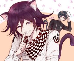 Rule 34 | 2boys, ahoge, animal ears, artist name, black hair, black jacket, blush, brown background, brown eyes, c01a (cola), cat boy, cat ears, cat tail, checkered clothes, checkered neckwear, checkered scarf, commentary, danganronpa (series), danganronpa v3: killing harmony, english commentary, flying sweatdrops, grin, hair between eyes, hand up, highres, index finger raised, jacket, kemonomimi mode, long sleeves, looking at viewer, male focus, multiple boys, oma kokichi, open mouth, paw print, paw print background, purple eyes, saihara shuichi, scarf, short hair, smile, solo focus, straitjacket, striped clothes, striped jacket, tail, upper body, white jacket