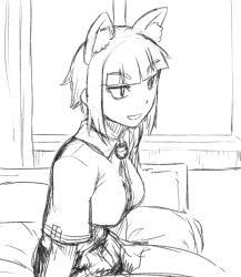 Rule 34 | 10s, 1girl, animal ears, bad id, bad pixiv id, breasts, cat ears, greyscale, kuraishi tanpopo, large breasts, monochrome, on bed, short hair, sitting, sketch, slit pupils, solo, tsukudani (coke-buta), witch craft works