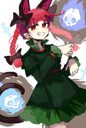 Rule 34 | 1girl, absurdres, animal ears, blunt ends, bow, braid, cat ears, dress, green dress, grin, hair bow, highres, hitodama, ichirugi, kaenbyou rin, multiple tails, nekomata, red eyes, red hair, simple background, smile, tail, touhou, twin braids, two tails, white background