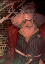 Rule 34 | 1boy, absurdres, amnt (suitatsu), brick wall, cigarette, coat, fate/grand order, fate (series), formal, grey eyes, grey hair, highres, male focus, red coat, smile, smoke, smoking, striped suit, suit, takeda shingen (fate)