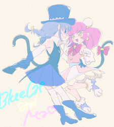 Rule 34 | 2girls, :3, :d, bare shoulders, bell, between fingers, big hair, black tail, blue-tinted eyewear, blue cat (precure), blue footwear, blue gloves, blue hair, blue headwear, blue sash, blue skirt, boots, bow, bowtie, braid, bun cover, cat girl, cat tail, character name, closed mouth, dual persona, earrings, gloves, green eyes, hand on another&#039;s waist, hat, high collar, high heel boots, high heels, highres, holding, idol, jewelry, jingle bell, leg up, long hair, mao (precure), multiple girls, open mouth, pink-framed eyewear, pink hair, pleated skirt, pointy ears, precure, red bow, red bowtie, sash, skirt, smile, standing, standing on one leg, star twinkle precure, sunglasses, tail, tail bow, tail ornament, tail raised, thighhighs, tinted eyewear, top hat, twin braids, ukata, white gloves, white thighhighs, yuni (precure), zettai ryouiki