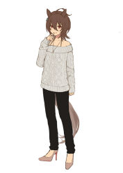 Rule 34 | 1girl, agnes tachyon (umamusume), ahoge, animal ears, brown eyes, brown footwear, brown hair, commentary request, full body, grey sweater, high heels, horse ears, horse girl, horse tail, jewelry, long sleeves, medium hair, nazuka (mikkamisaki), necklace, pants, simple background, solo, standing, sweater, tail, umamusume, white background