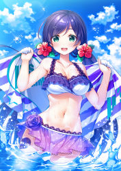 Rule 34 | 1girl, aqua eyes, artist name, artist request, bare legs, bare shoulders, bikini, blue sky, blush, breasts, cleavage, cloud, collarbone, day, female focus, flower, frilled bikini, frills, green eyes, hair flower, hair ornament, heart, heart tattoo, highres, holding, leg tattoo, long hair, long twintails, looking at viewer, love live!, love live! school idol festival, love live! school idol project, low twintails, medium breasts, outdoors, parted bangs, parted lips, purple flower, purple hair, purple skirt, red flower, skirt, sky, smile, solo, sparkle, swept bangs, swimsuit, tattoo, teeth, tojo nozomi, twintails, upper teeth only, white bikini