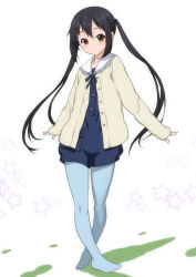 Rule 34 | 00s, 1girl, black hair, blue pantyhose, bow, brown eyes, cardigan, crossed legs, joy ride, k-on!, k-on! movie, long hair, looking at viewer, nakano azusa, no shoes, outstretched arms, pantyhose, sailor collar, solo, spread arms, standing, twintails, white background